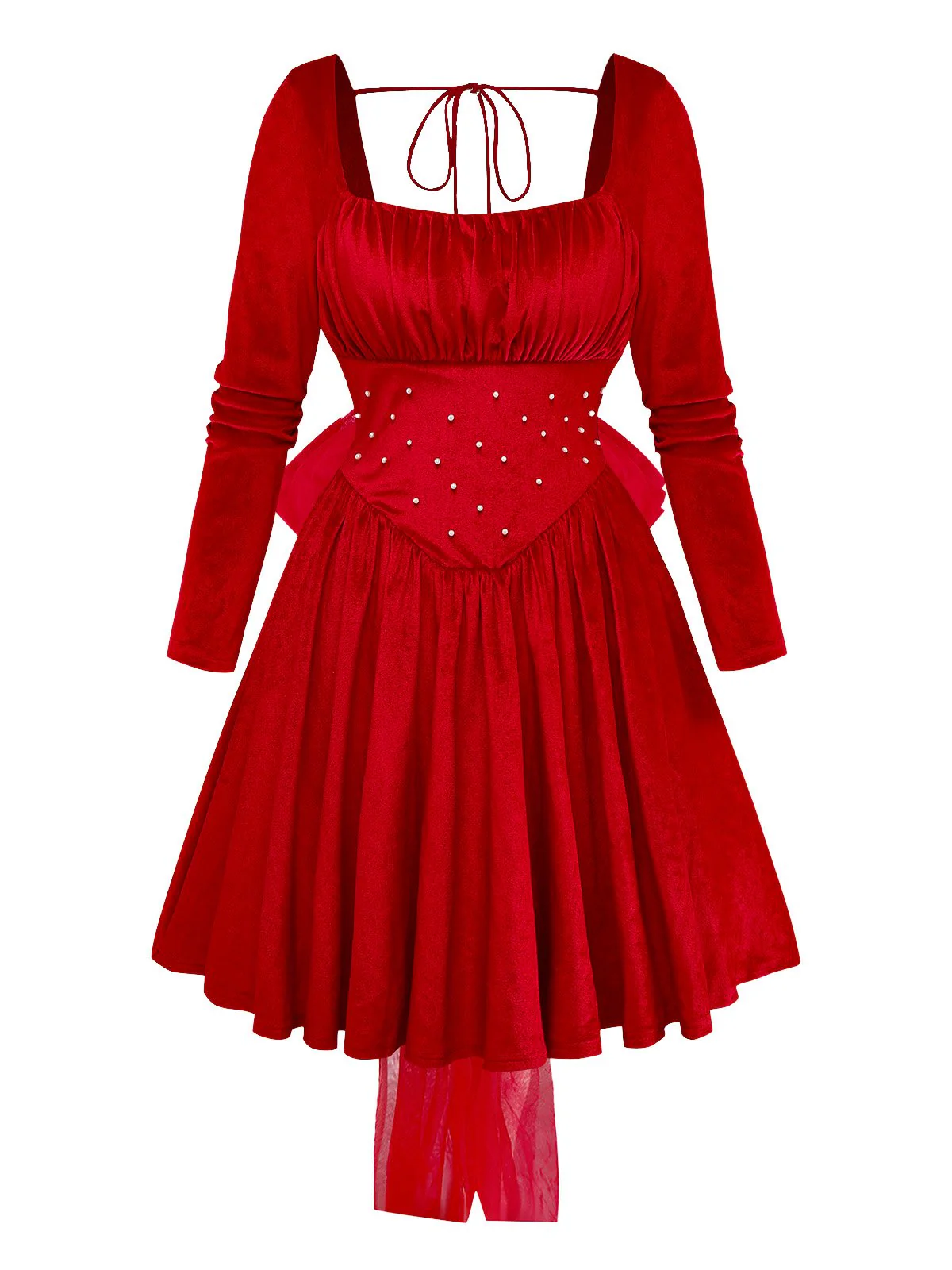 Red 1950s Velvet Pearl Ruched Tulle Bow Dress - Image 2