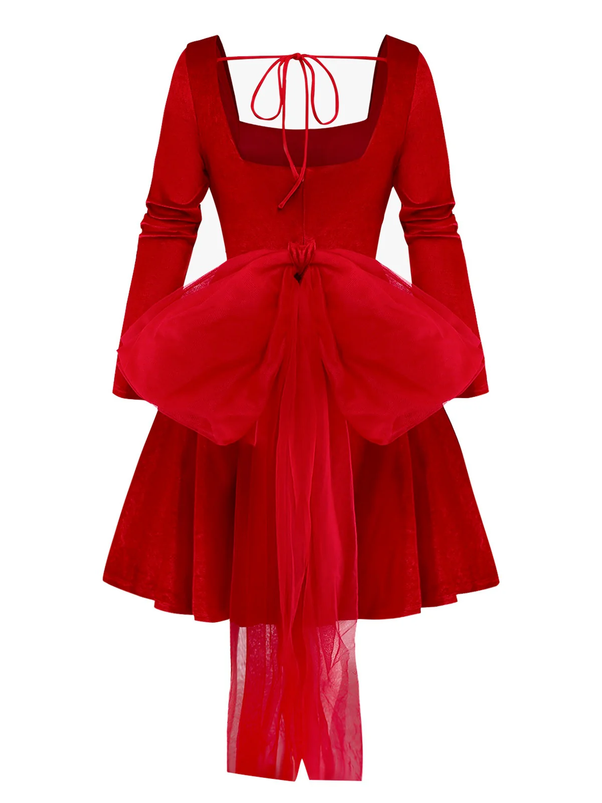 Red 1950s Velvet Pearl Ruched Tulle Bow Dress - Image 3