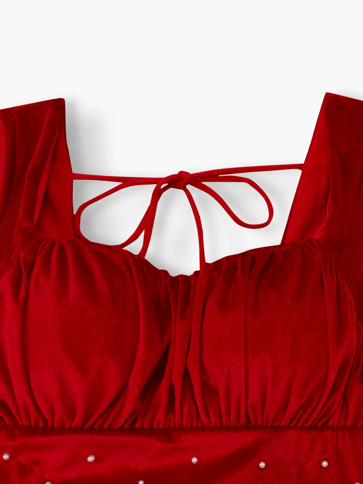 Red 1950s Velvet Pearl Ruched Tulle Bow Dress - Image 4