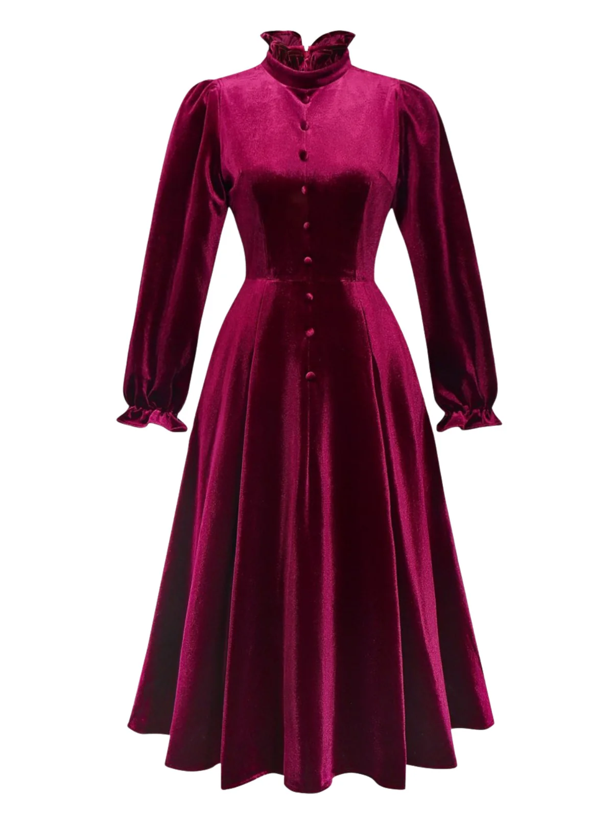 Red 1950s Velvet Ruffled Collar Lantern Sleeve Dress - Image 2