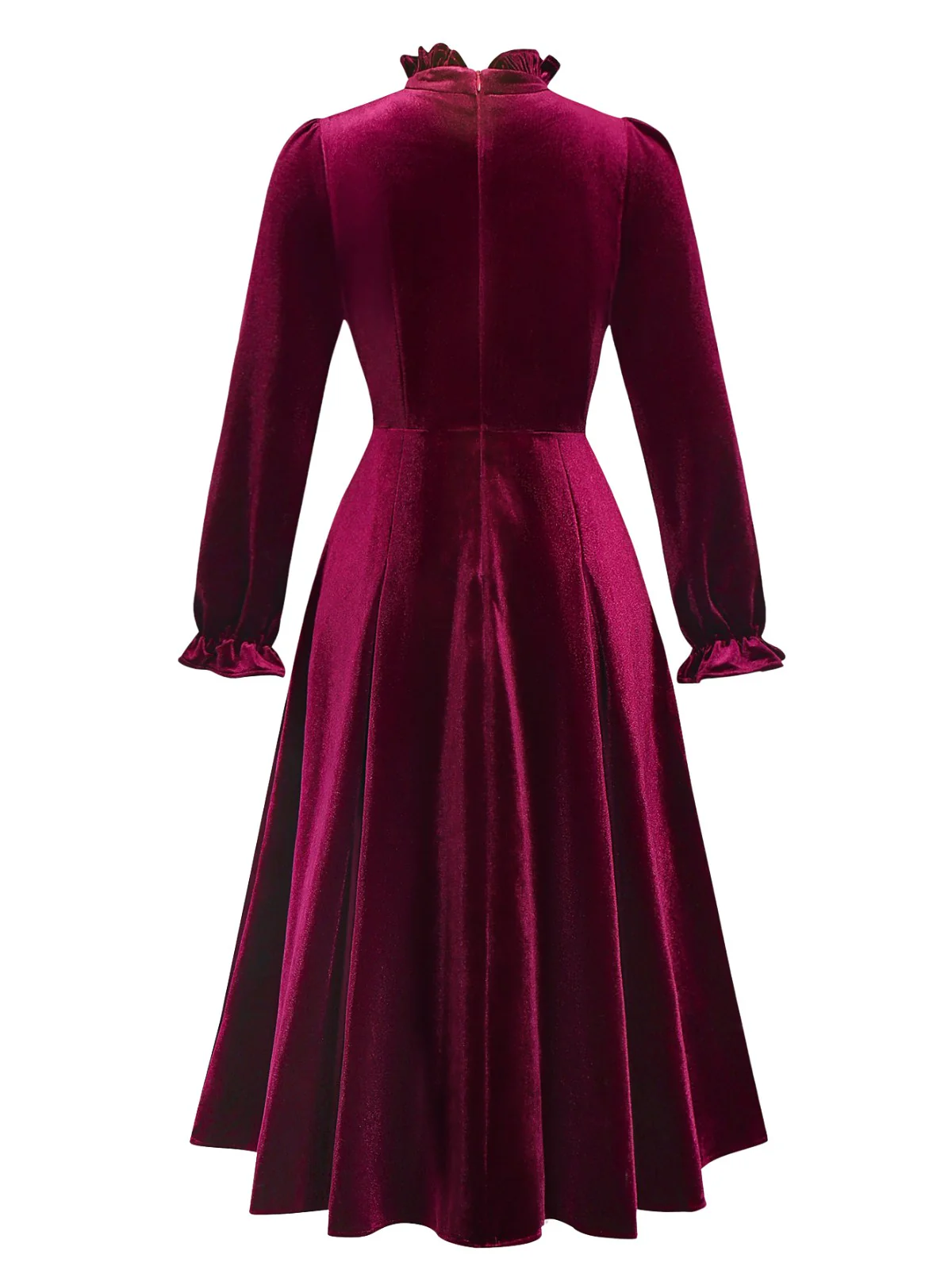 Red 1950s Velvet Ruffled Collar Lantern Sleeve Dress - Image 3