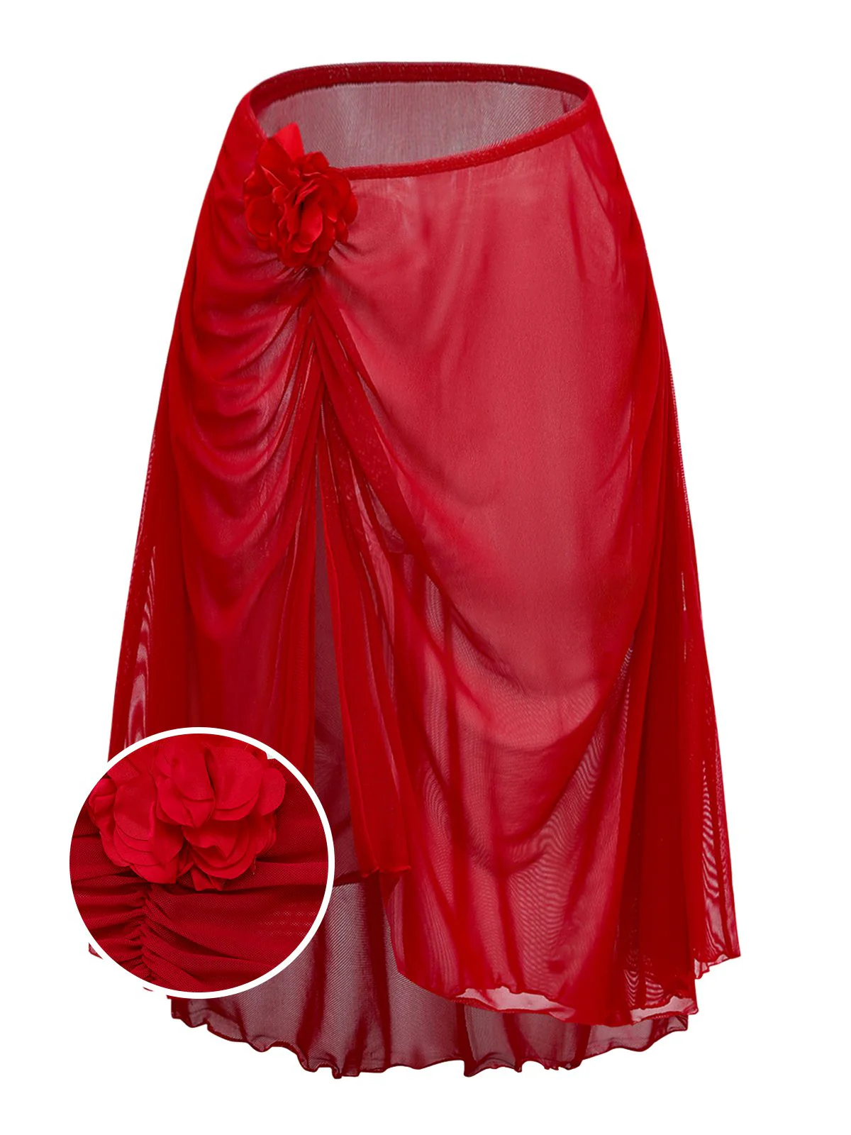 Red 1960s 3D Floral Mesh High-Low Cover-Up - Image 2