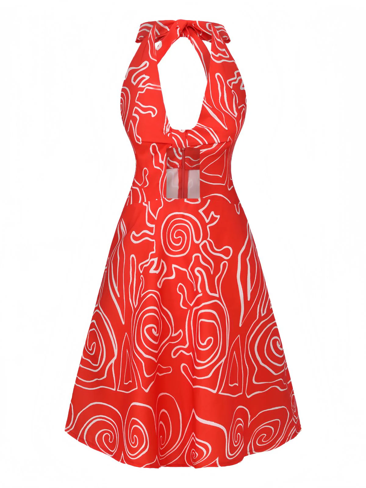 Red 1960s Abstract Print Cutout Twist Halter Dress - Image 2