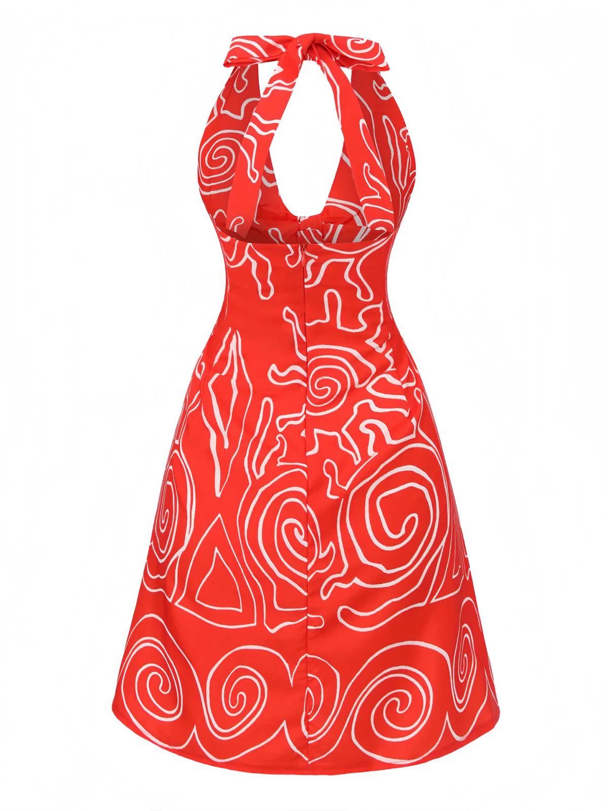 Red 1960s Abstract Print Cutout Twist Halter Dress - Image 3