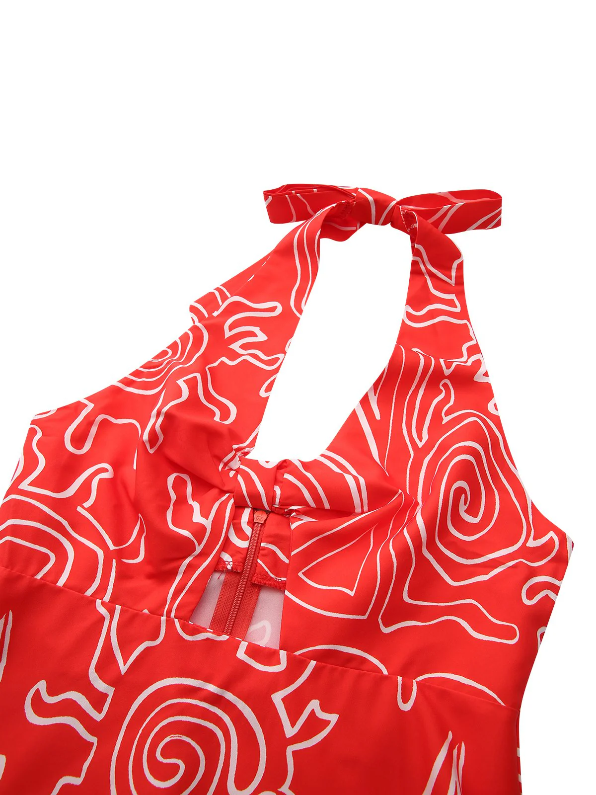 Red 1960s Abstract Print Cutout Twist Halter Dress - Image 4