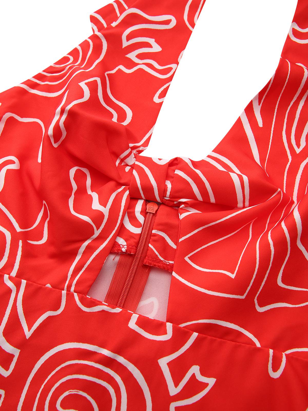 Red 1960s Abstract Print Cutout Twist Halter Dress - Image 5