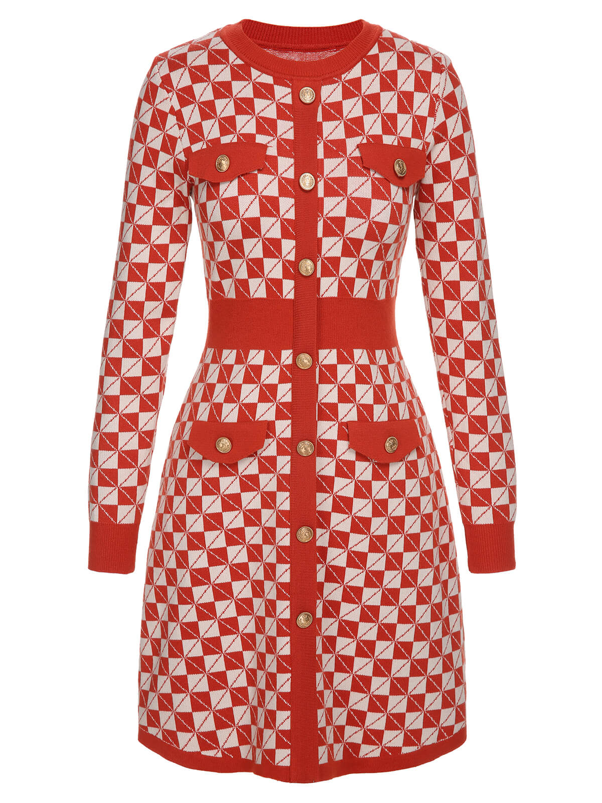 Red 1940s Argyle Check Knitted Pencil Dress - Image 2