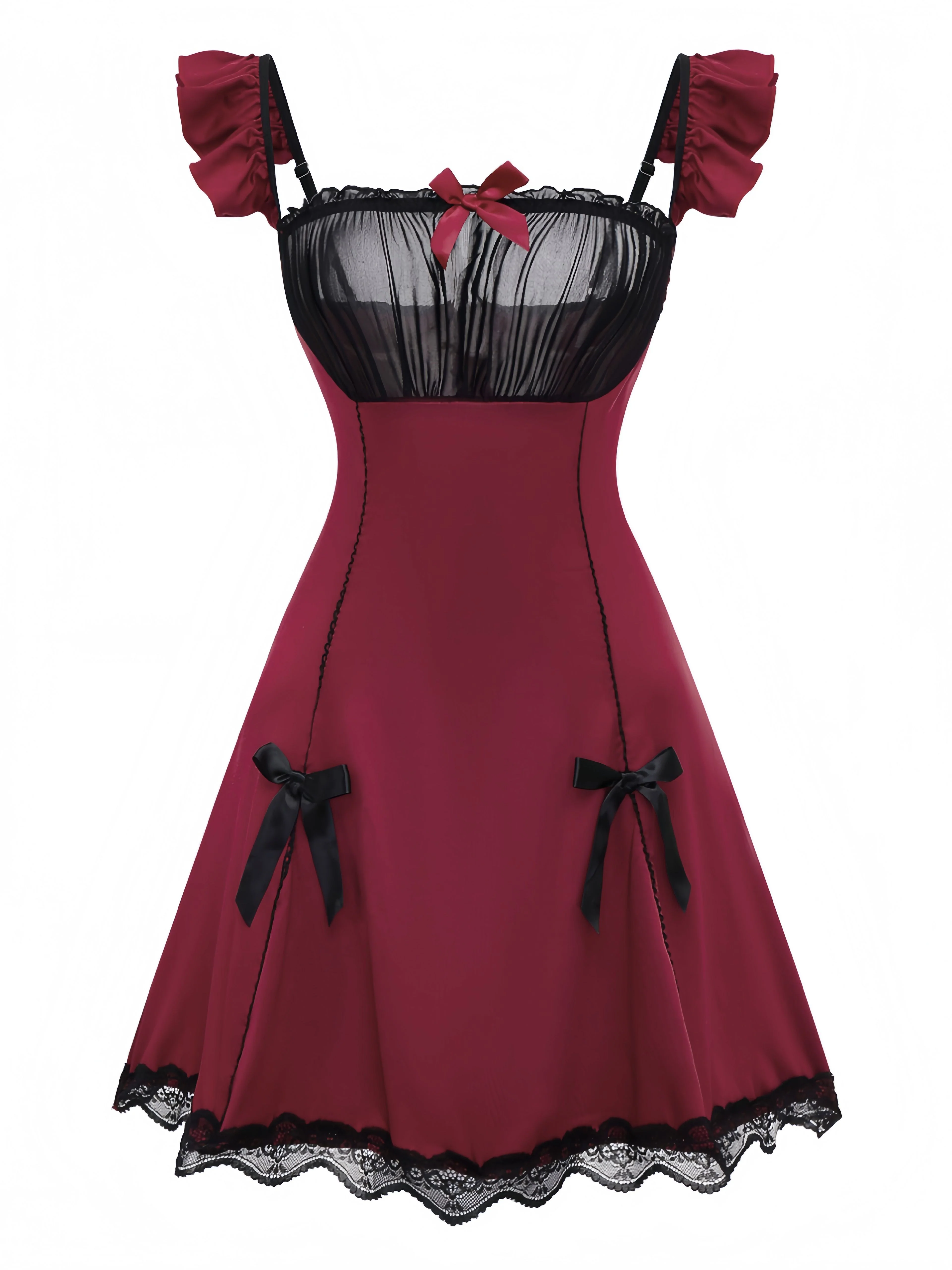 Red 1960s Bow Lace Patchwork Ruffled Nightgown - Image 2