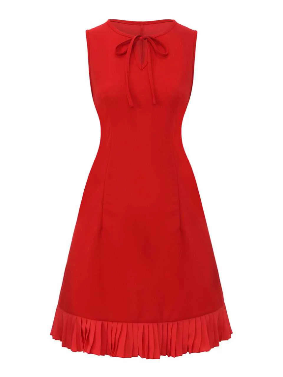 Red 1960s Bow Neck Ruffle Hem Sleeveless Dress - Image 2
