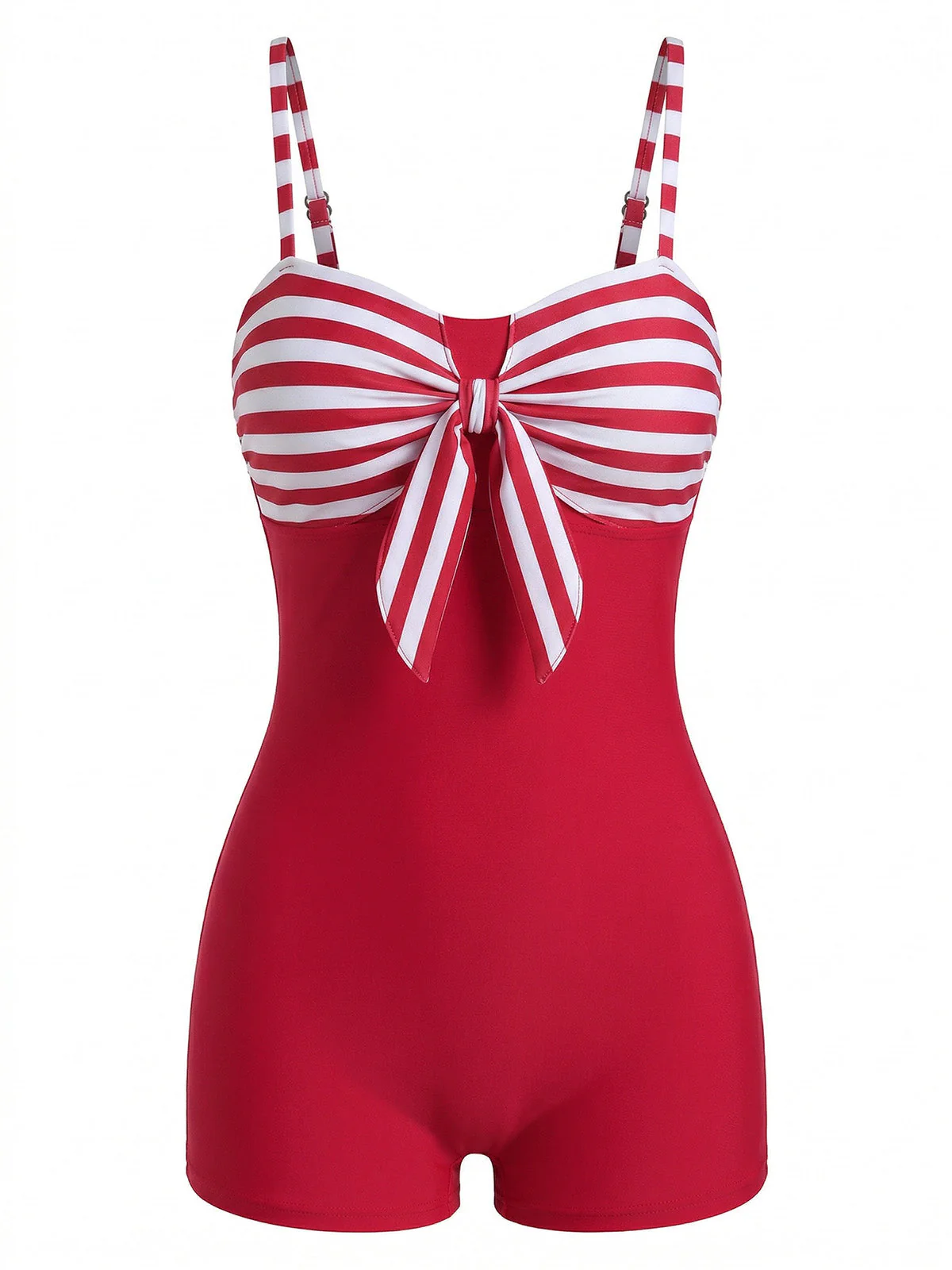 Red 1960s Bow Striped One-Piece Swimsuit - Image 2