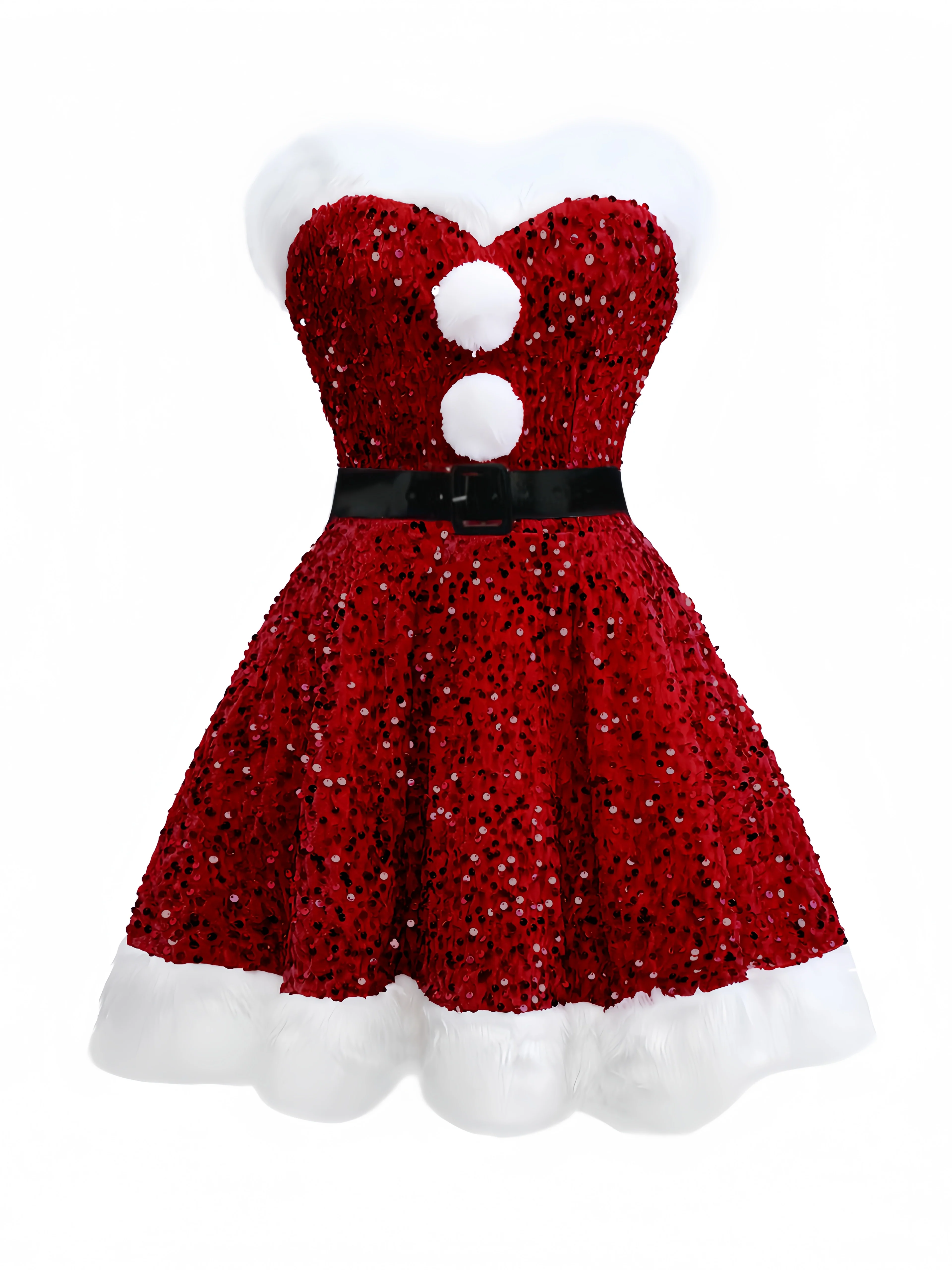 Pink 1960s Christmas Fur Sequin Strapless Dress - Image 9