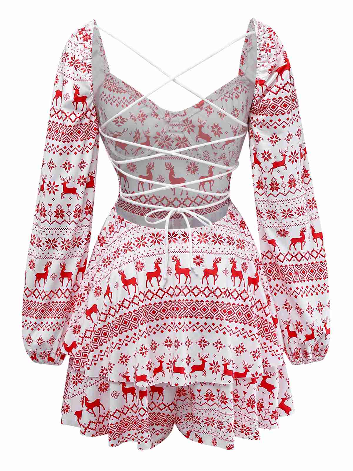 Red 1960s Christmas Reindeer Lace-Up Backless Dress - Image 3