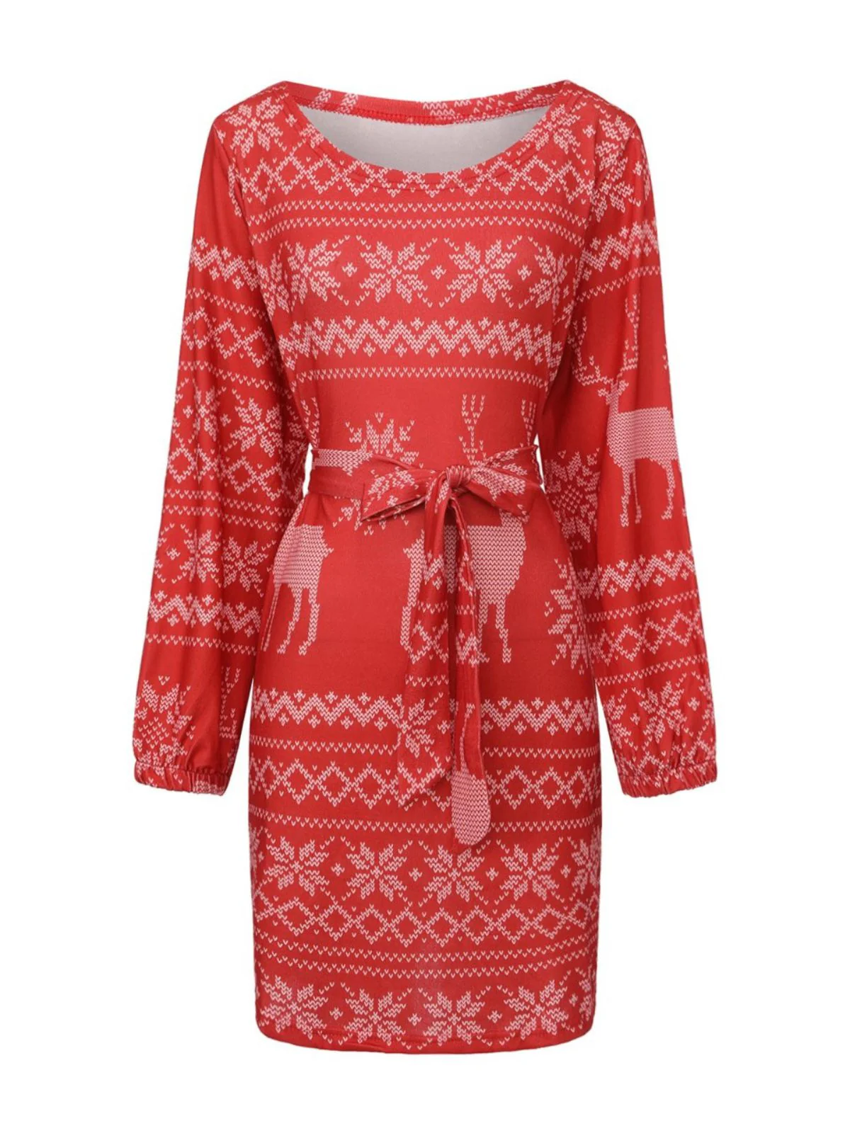 Red 1960s Christmas Reindeer Snowflake Belted Dress - Image 2