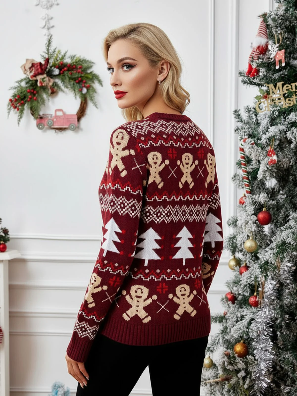 Red 1960s Christmas Tree & Gingerbread Sweater - Image 3