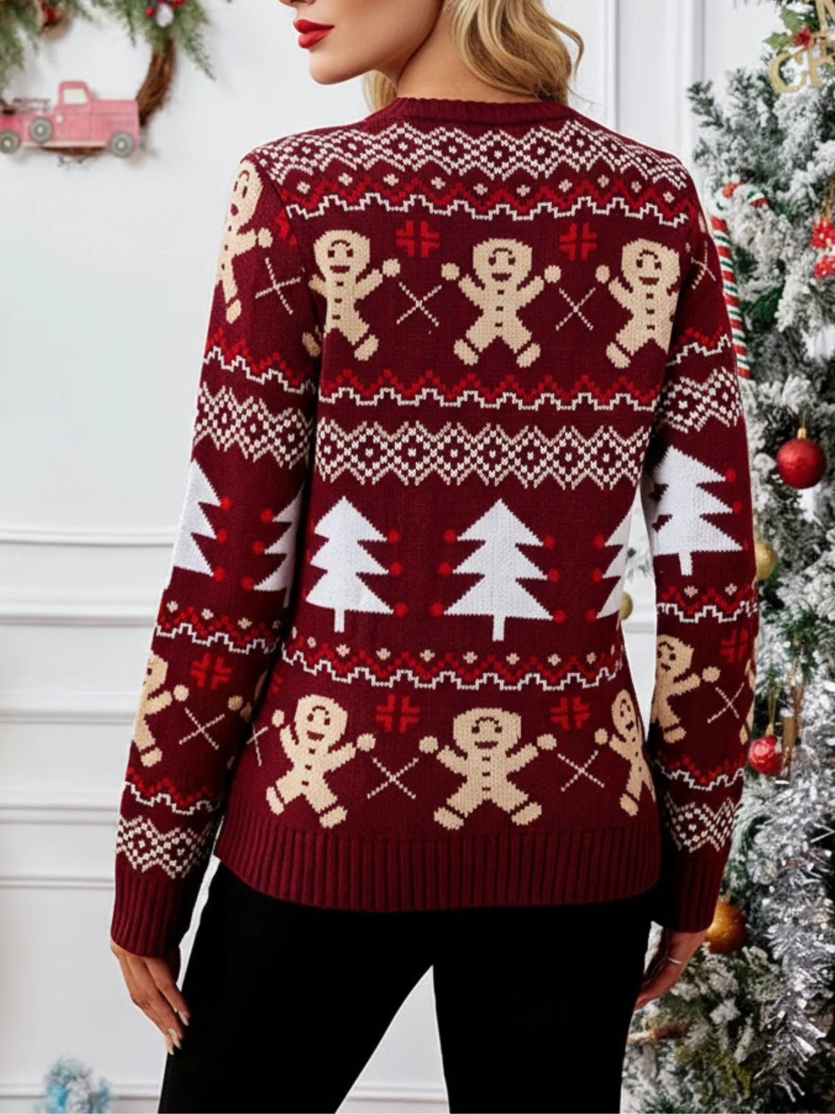 Red 1960s Christmas Tree & Gingerbread Sweater - Image 4