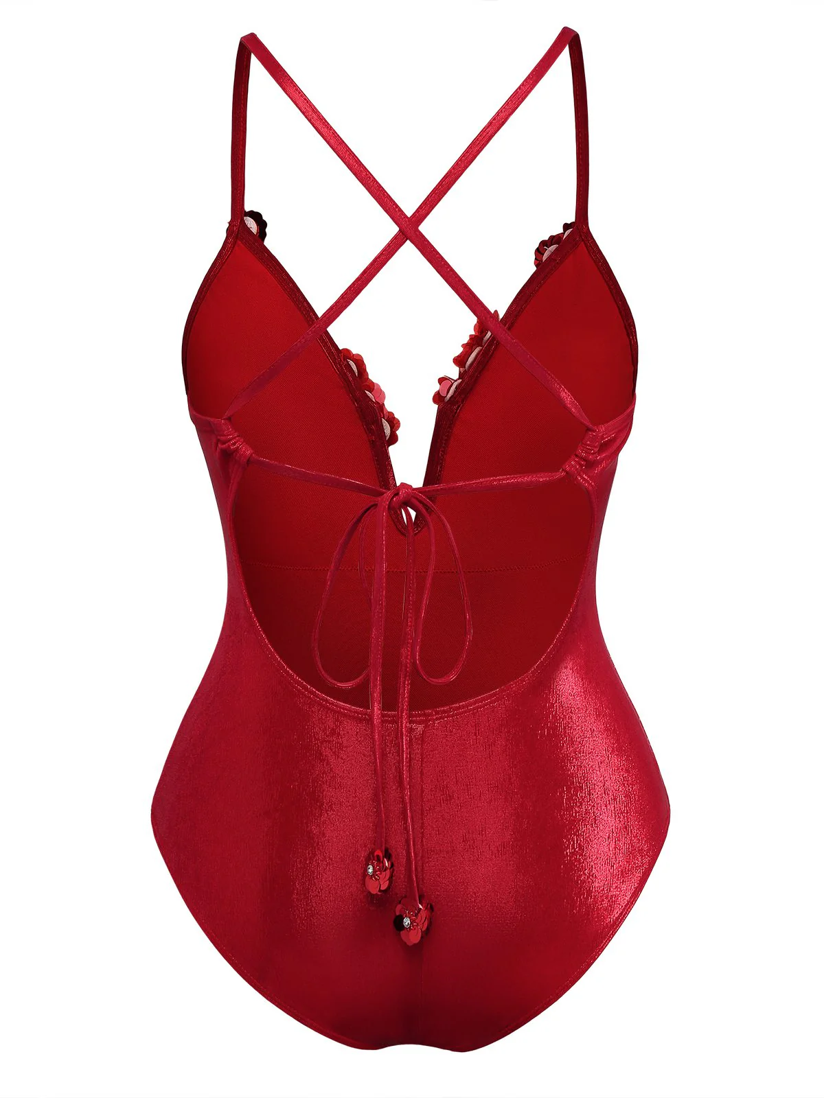 Red 1960s Deep-V Glitter 3D Floral One-Piece Swimsuit - Image 2