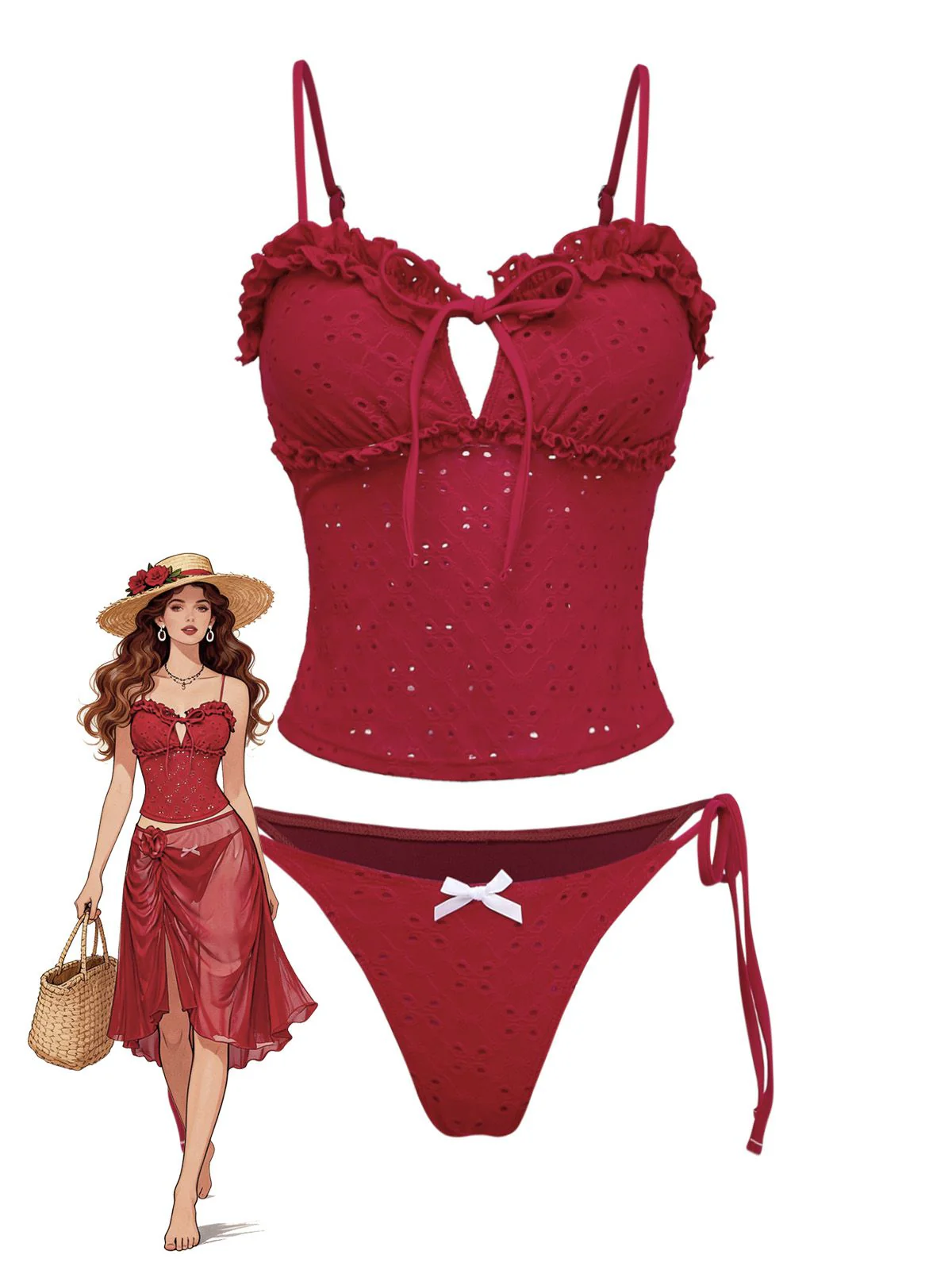 Red 1960s Embroidered Cutout Ruffled Side-Tie Tankini Set