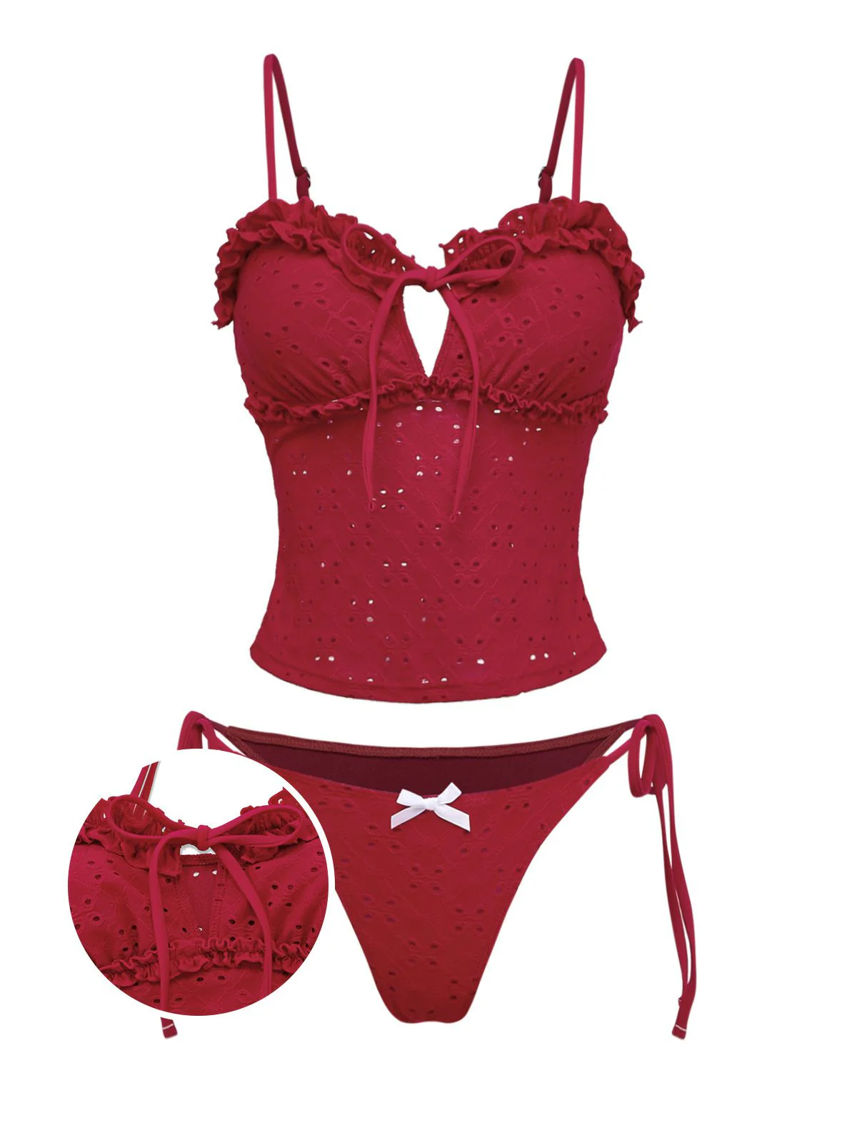 Red 1960s Embroidered Cutout Ruffled Side-Tie Tankini Set - Image 2