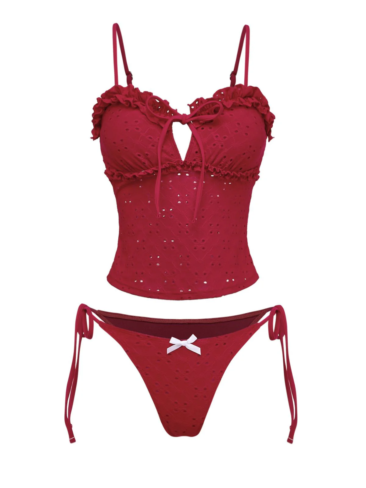 Red 1960s Embroidered Cutout Ruffled Side-Tie Tankini Set - Image 3