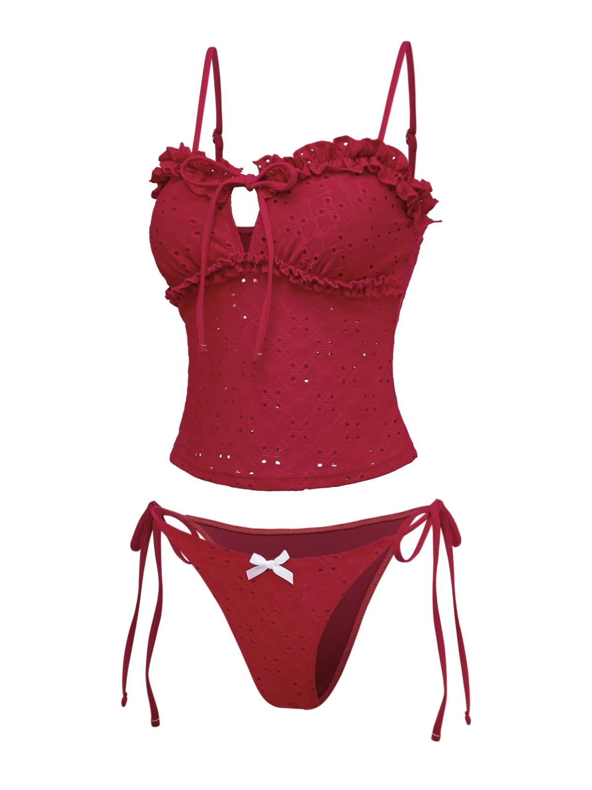 Red 1960s Embroidered Cutout Ruffled Side-Tie Tankini Set - Image 4