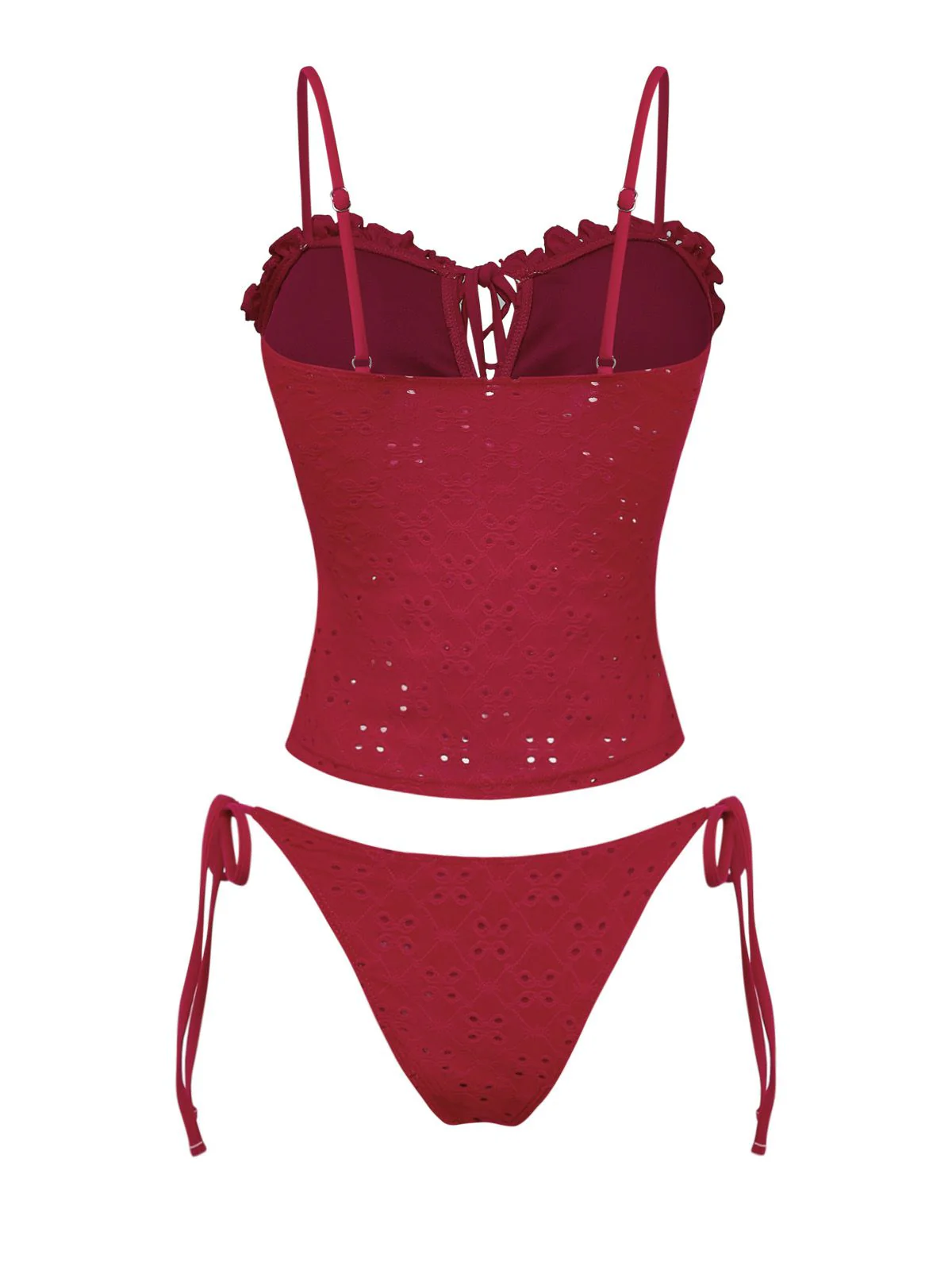 Red 1960s Embroidered Cutout Ruffled Side-Tie Tankini Set - Image 5