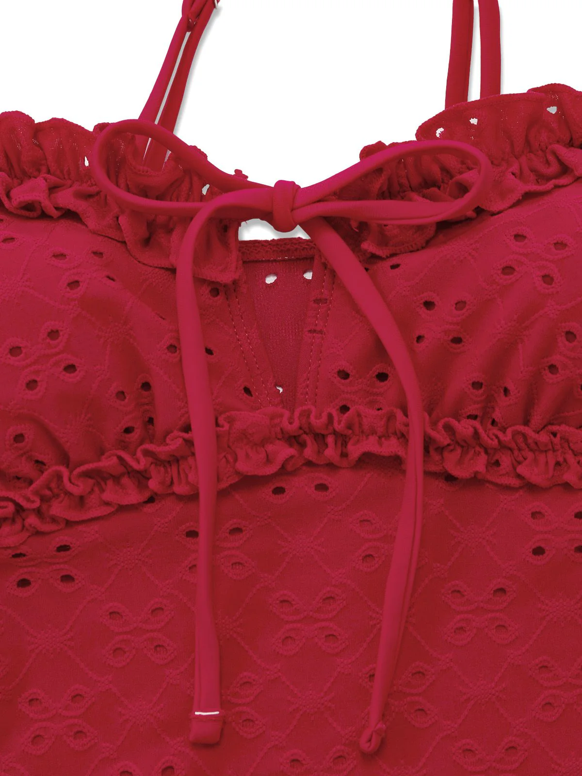 Red 1960s Embroidered Cutout Ruffled Side-Tie Tankini Set - Image 6