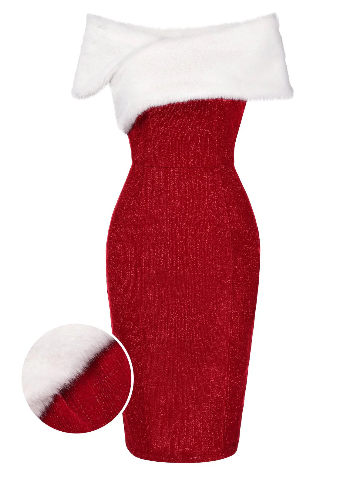 Red 1960s Faux Fur Off-Shoulder Dress - Image 2