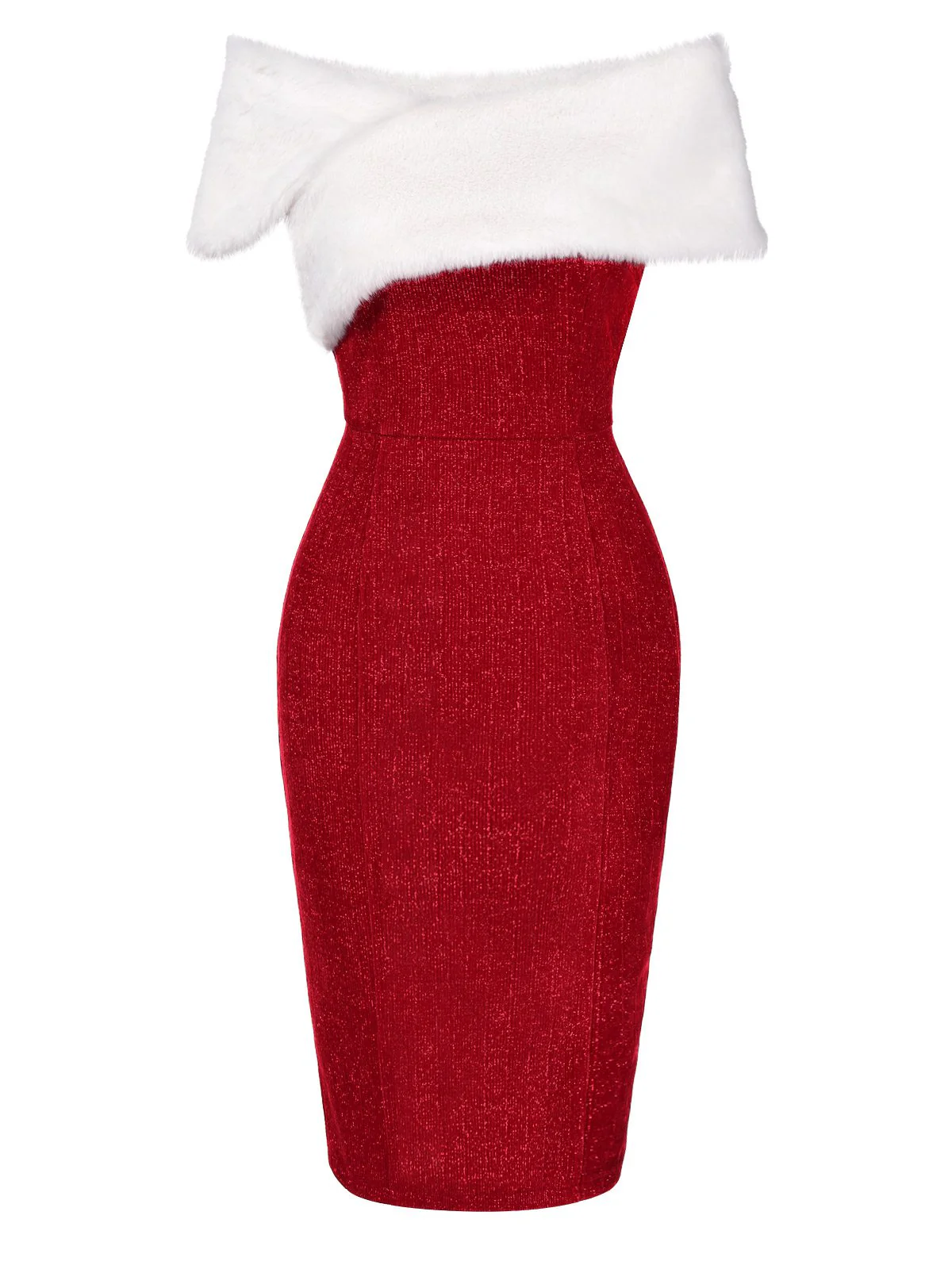 Red 1960s Faux Fur Off-Shoulder Dress - Image 3