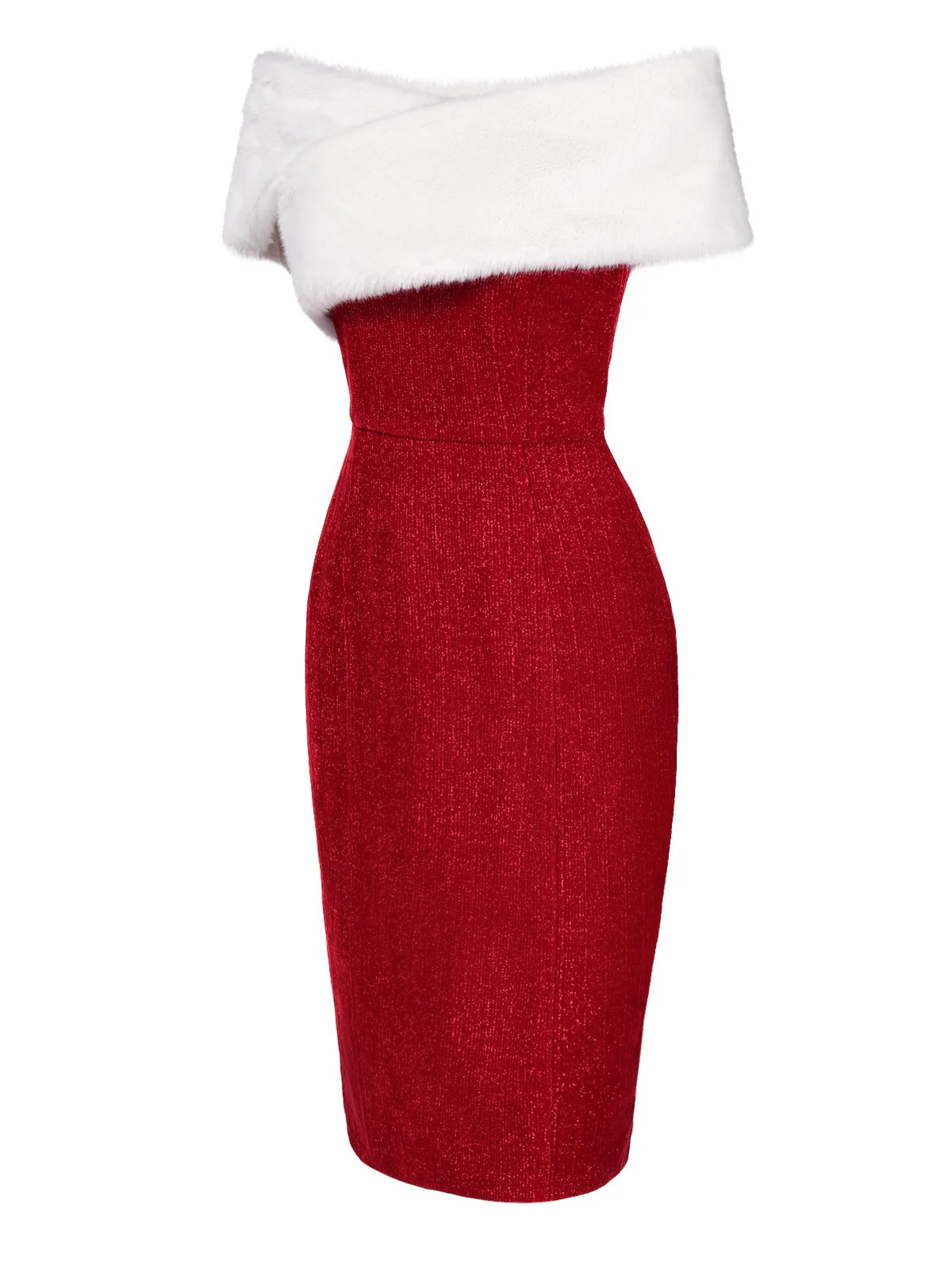 Red 1960s Faux Fur Off-Shoulder Dress - Image 4