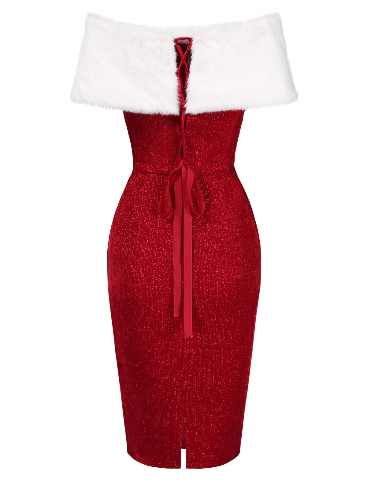 Red 1960s Faux Fur Off-Shoulder Dress - Image 5