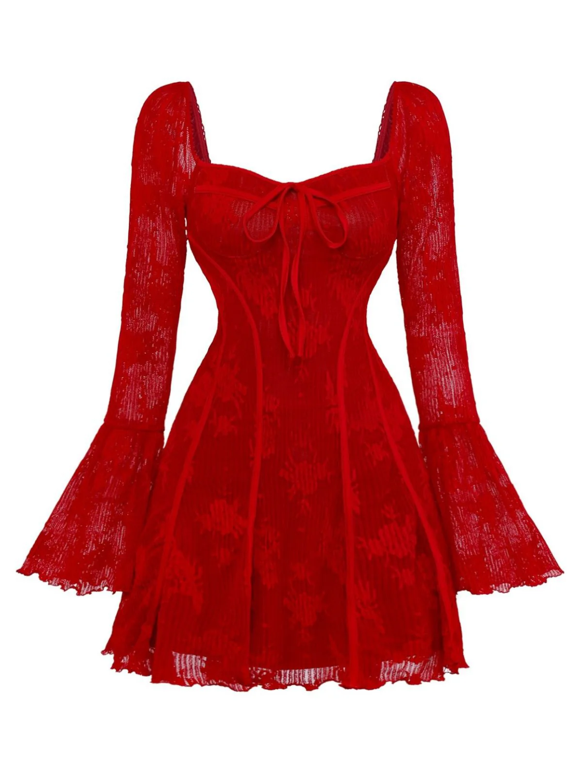 Red 1960s Floral Bow Bell-Sleeve Knit Dress - Image 2