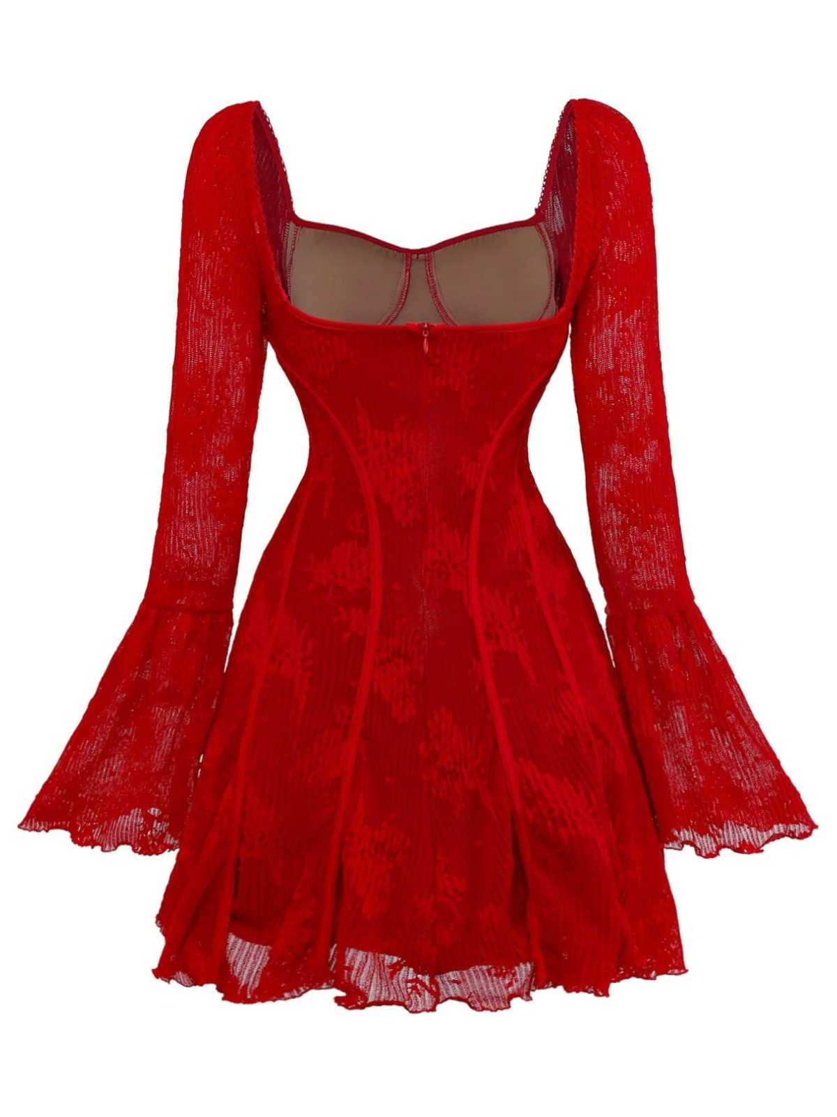 Red 1960s Floral Bow Bell-Sleeve Knit Dress - Image 3