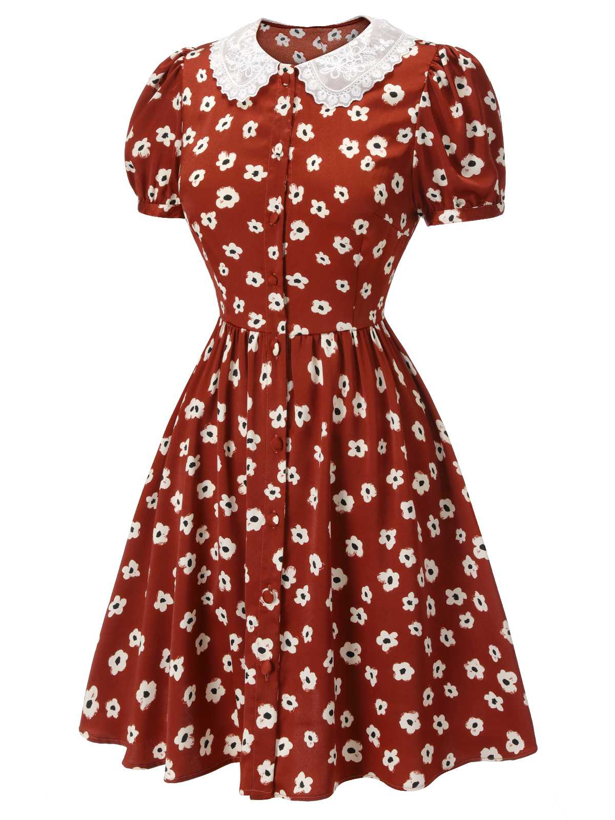 Red 1960s Floral Puff Sleeve Flared Dress - Image 3