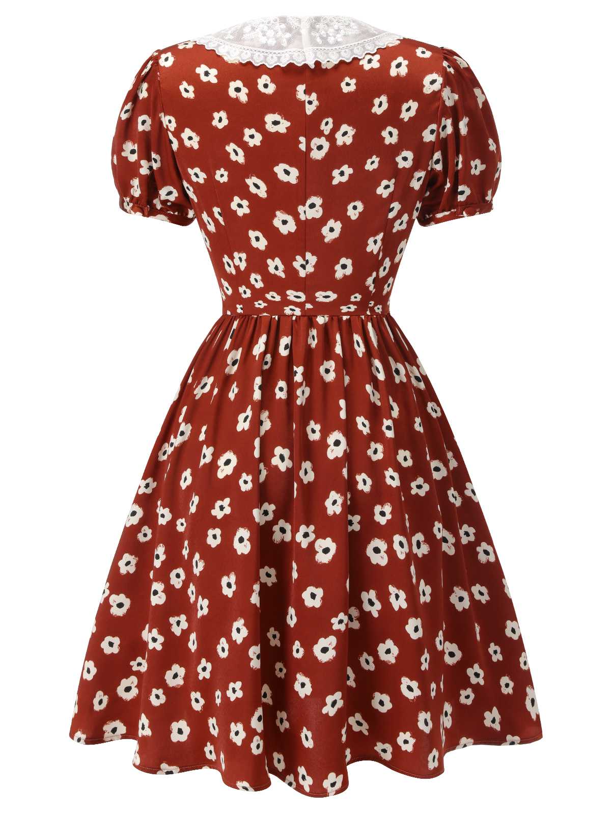 Red 1960s Floral Puff Sleeve Flared Dress - Image 4