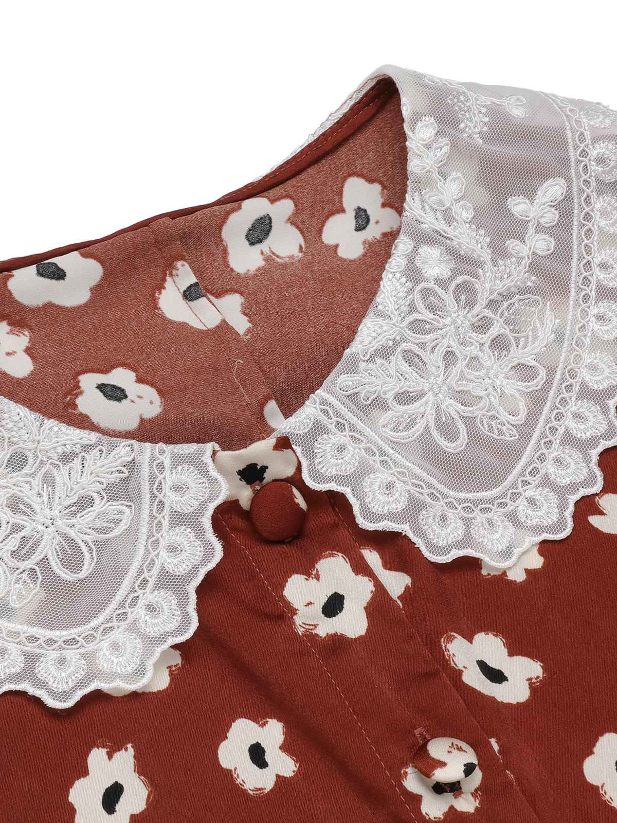 Red 1960s Floral Puff Sleeve Flared Dress - Image 5