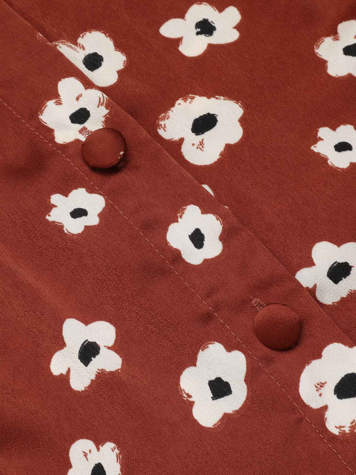 Red 1960s Floral Puff Sleeve Flared Dress - Image 6
