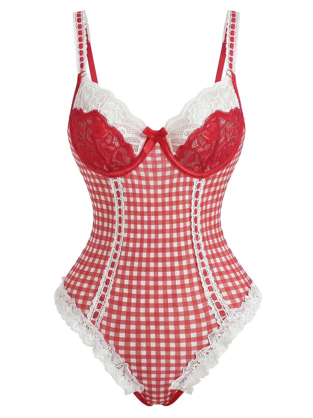 Red 1960s Gingham Lace Bow Bodysuit Lingerie - Image 2