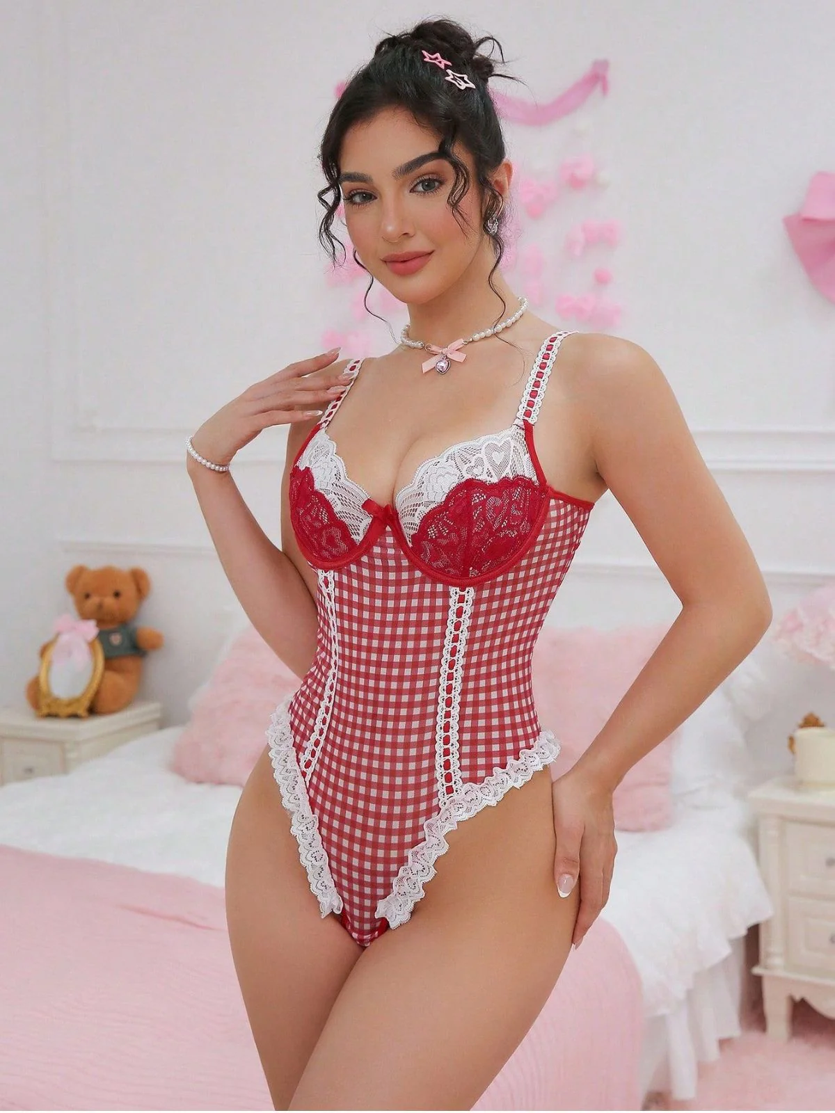 Red 1960s Gingham Lace Bow Bodysuit Lingerie - Image 6