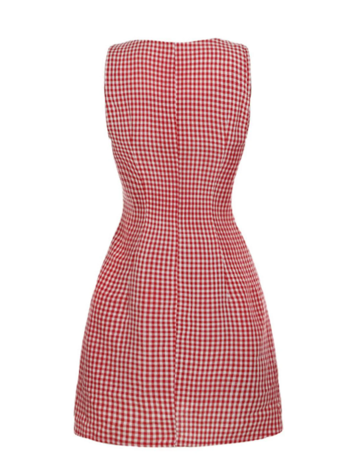 Red 1960s Gingham Plaid Button Sleeveless Dress - Image 2