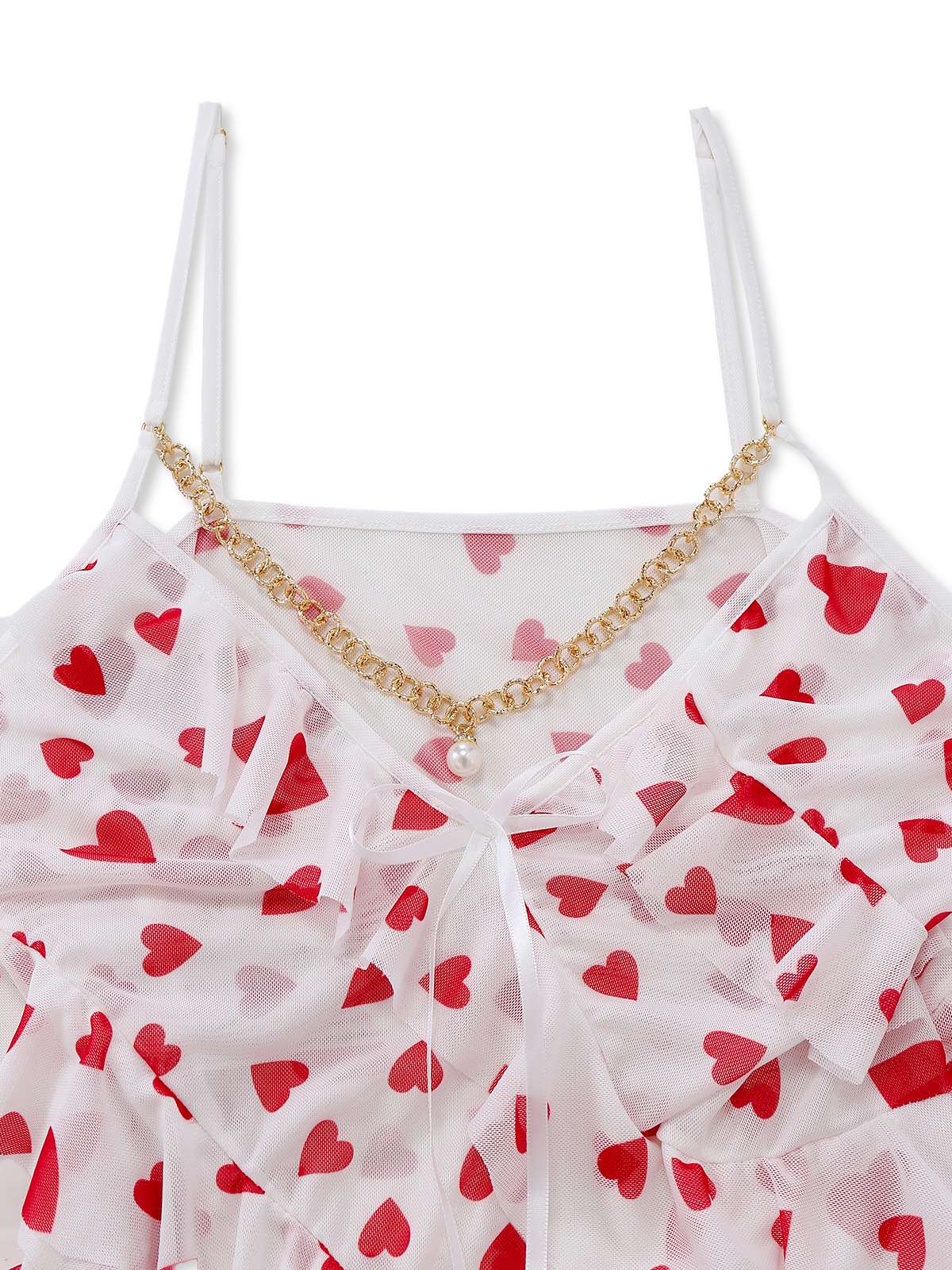 Red 1960s Heart Ruffled Mesh Slip Nightgown - Image 4