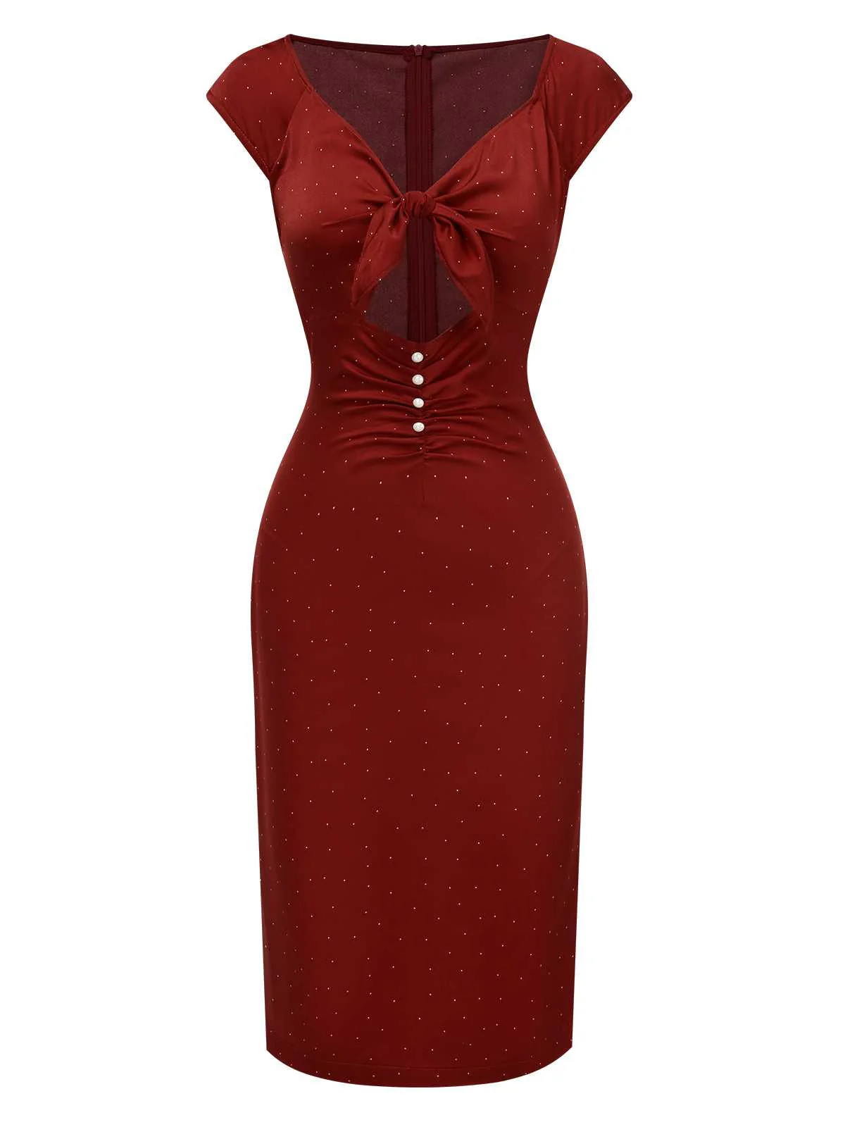 Red 1960s Hollow Out Button Satin Dress - Image 2