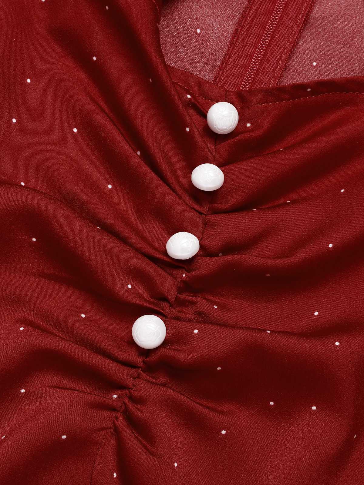 Red 1960s Hollow Out Button Satin Dress - Image 6