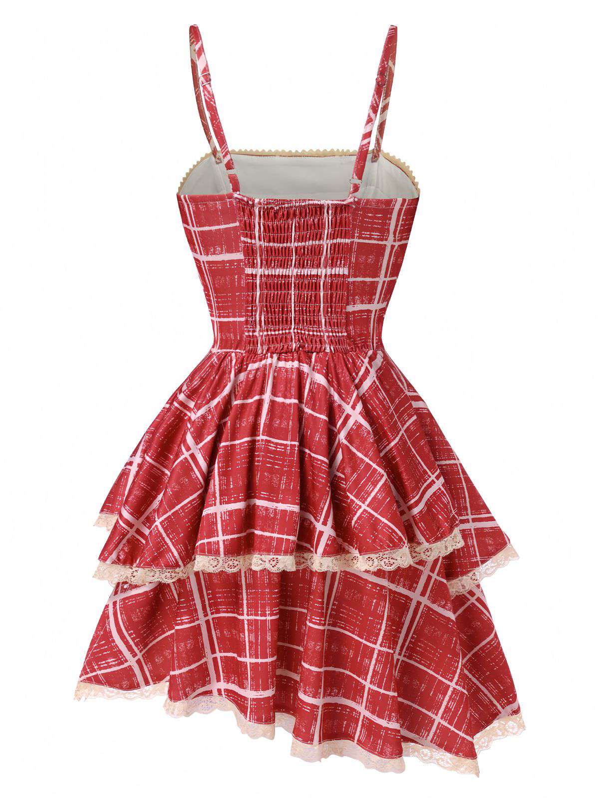 Red 1960s Irregular Layered Hem Plaid Suspender Dress - Image 2