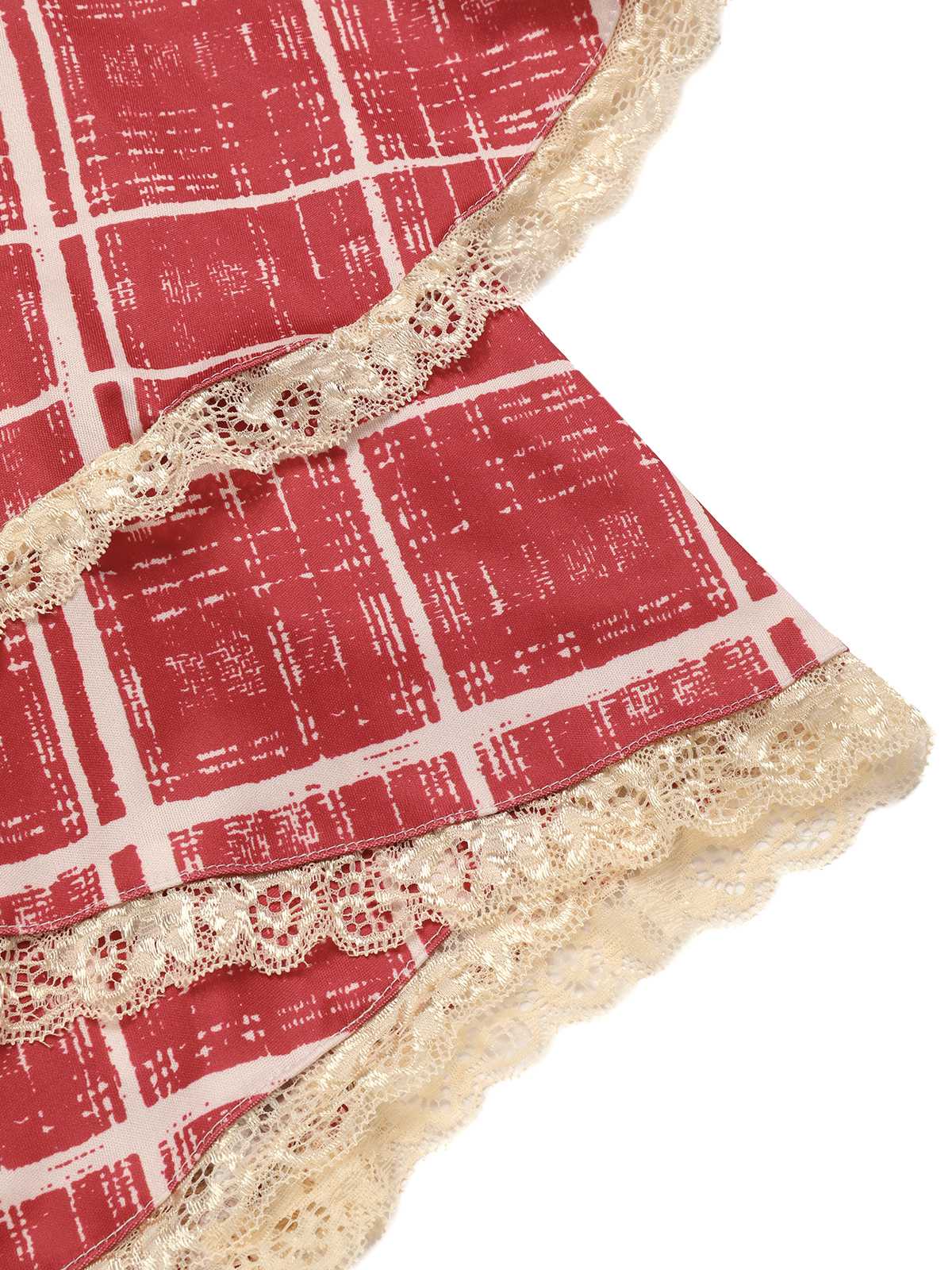 Red 1960s Irregular Layered Hem Plaid Suspender Dress - Image 3
