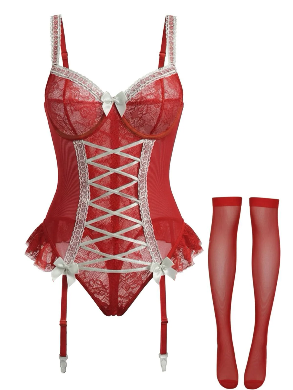 Red 1960s Lace Bow Corset Lingerie With Stocking - Image 2