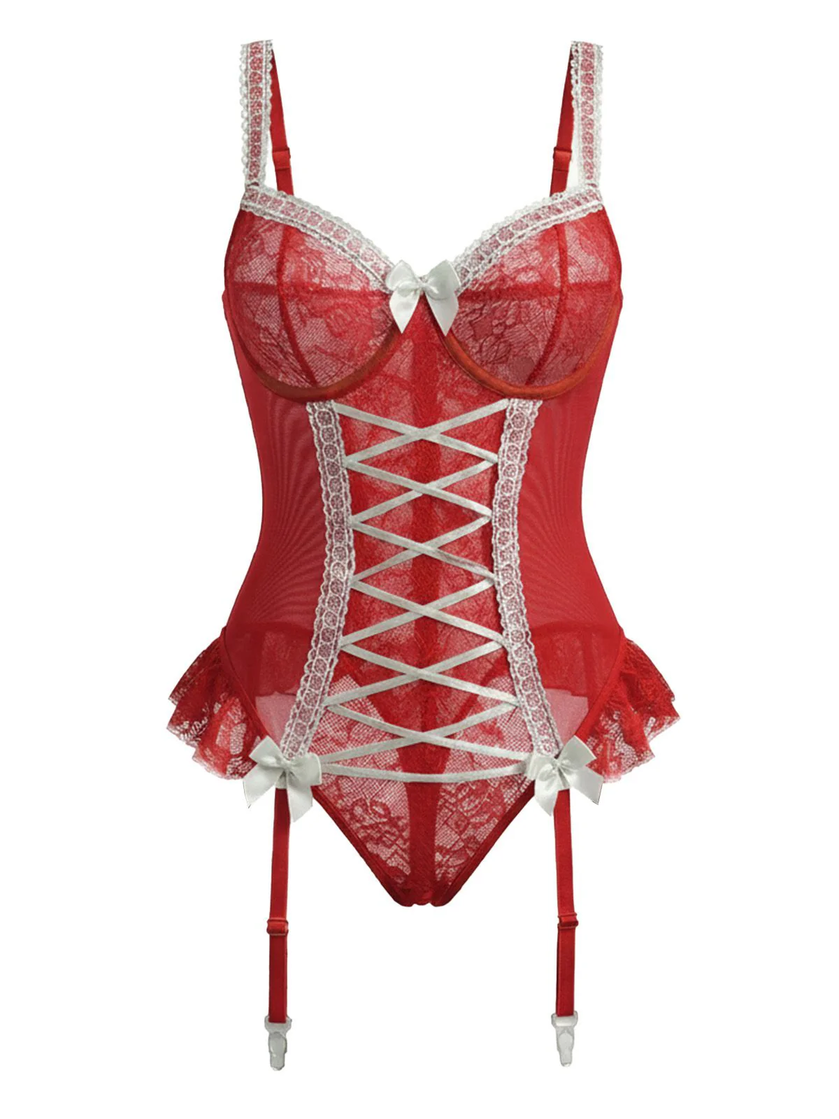 Red 1960s Lace Bow Corset Lingerie With Stocking - Image 3