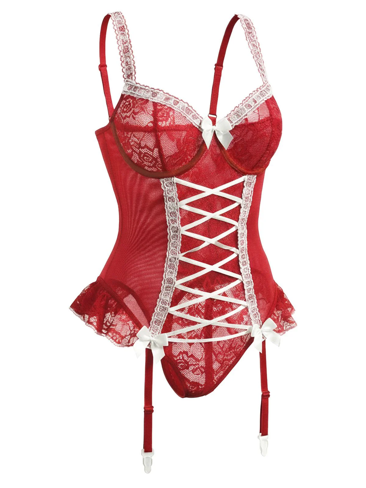 Red 1960s Lace Bow Corset Lingerie With Stocking - Image 4