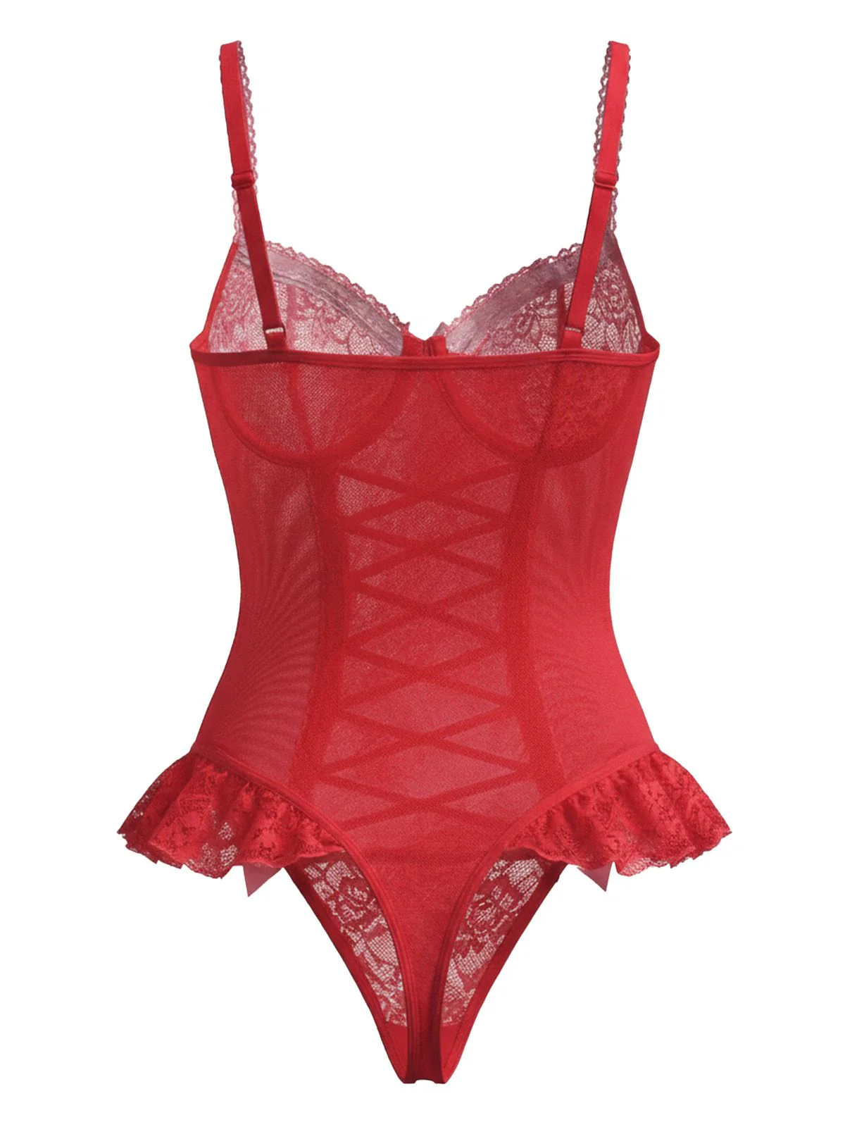 Red 1960s Lace Bow Corset Lingerie With Stocking - Image 5