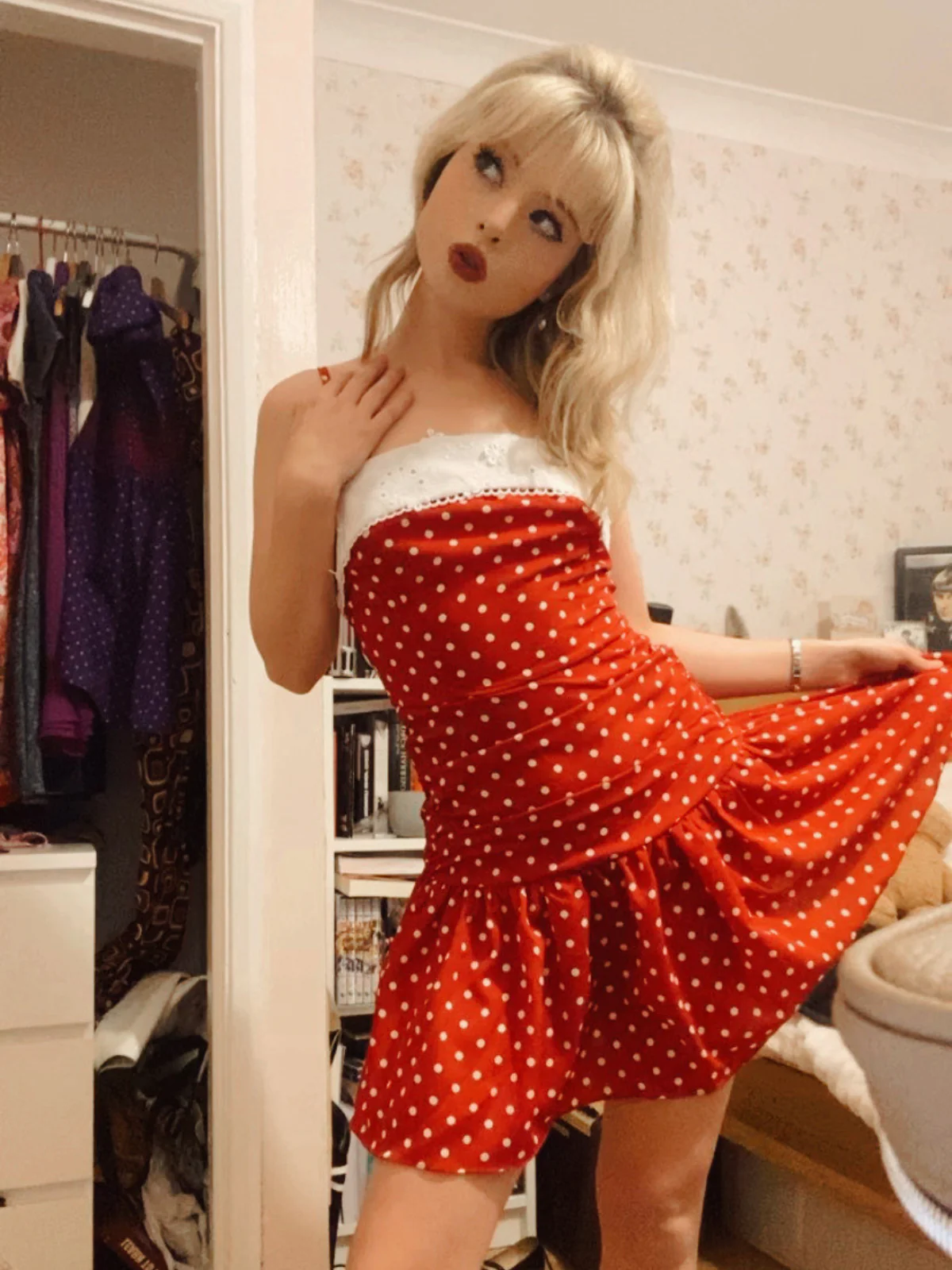 Red 1960s Lace Patchwork Polka Dots Pleated Dress - Image 2