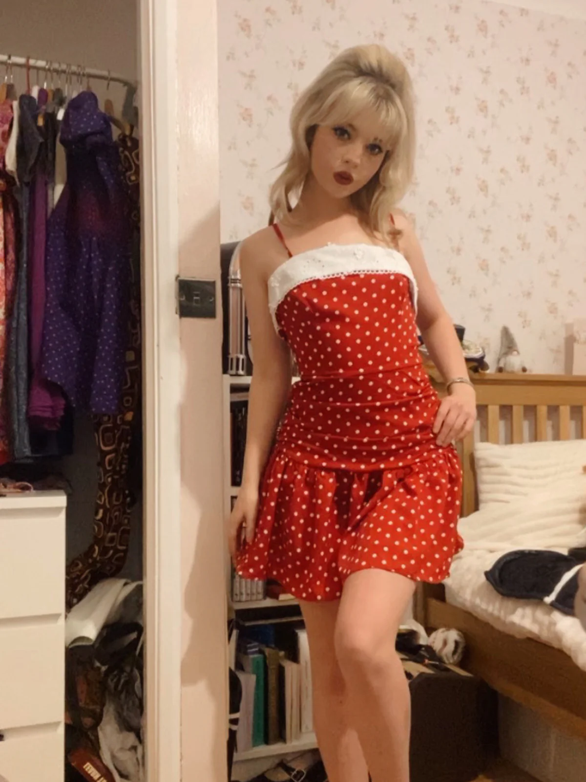 Red 1960s Lace Patchwork Polka Dots Pleated Dress - Image 3